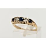 A 9CT GOLD SAPPHIRE AND DIAMOND HALF ETERNITY RING, designed with a row of three circular cut blue