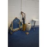 A FRENCH CREAM TRIPLE BRANCH DRESSING MIRROR, a West Germany glazed vase, containing umbrellas,