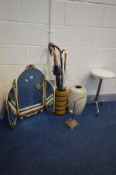 A FRENCH CREAM TRIPLE BRANCH DRESSING MIRROR, a West Germany glazed vase, containing umbrellas,