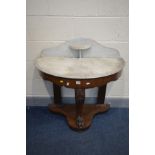 A VICTORIAN MAHOGANY DEMI LUNE WASHSTAND, with a marble top, width 92cm x depth 45cm x height