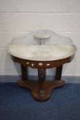 A VICTORIAN MAHOGANY DEMI LUNE WASHSTAND, with a marble top, width 92cm x depth 45cm x height