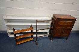 AN EDWARDIAN MAHOGANY THREE TIER WALL SHELF, along with a mahogany hi-fi cabinet, a painted three