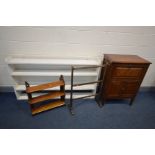 AN EDWARDIAN MAHOGANY THREE TIER WALL SHELF, along with a mahogany hi-fi cabinet, a painted three