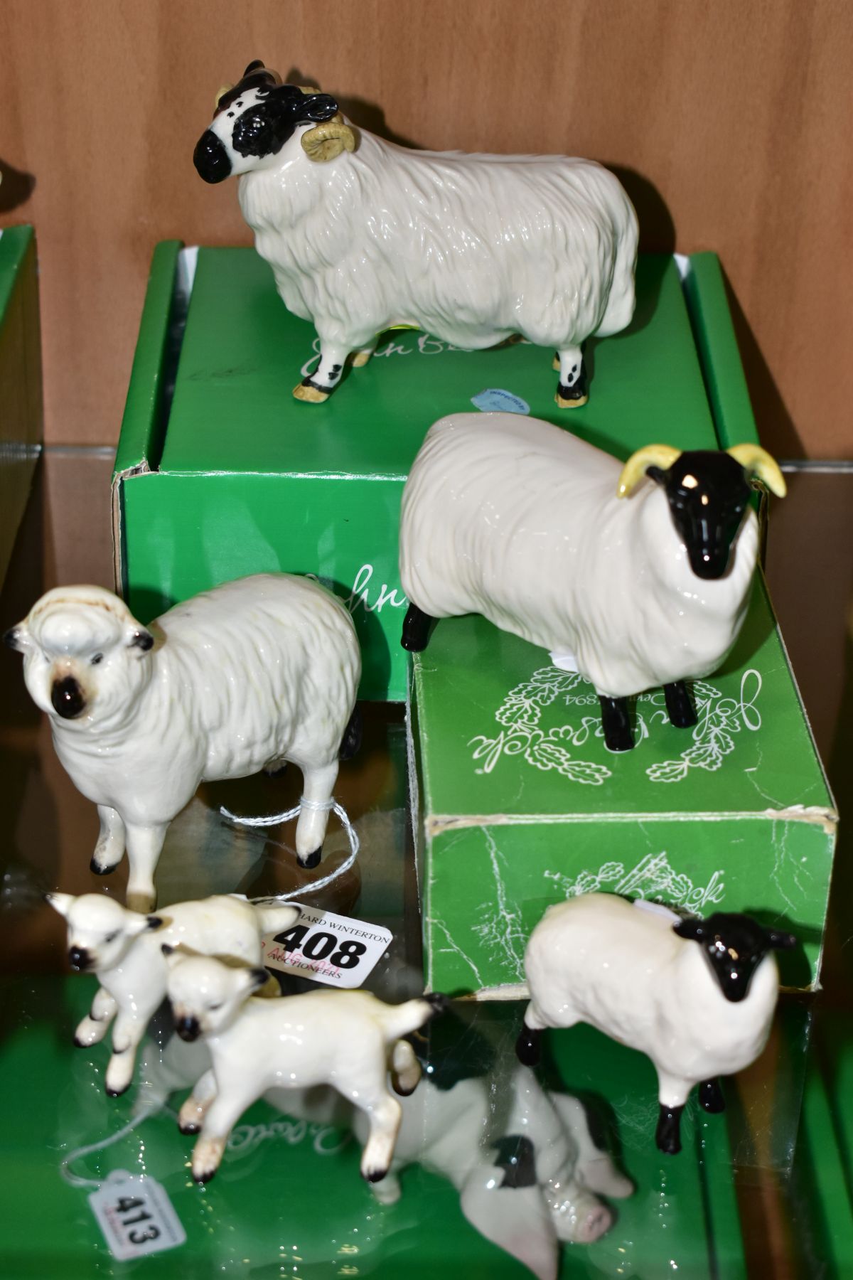 SIX BESWICK SHEEP, comprising sheep No 935, two lambs No 937 and 938, boxed Black Faced Sheep No