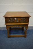 AN OLD CHARM OAK SINGLE DRAWER LAMP TABLE, width 57cm x depth 43cm x height 66cm