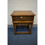 AN OLD CHARM OAK SINGLE DRAWER LAMP TABLE, width 57cm x depth 43cm x height 66cm