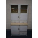 A VINTAGE PAINTED KITCHEN CABINET with an arrangement of cupboards and three drawers, width 94cm x
