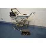 A VINTAGE MANTON PRAM/PERAMBULATOR, with carry case and attachable umbrella (condition - leather