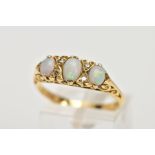 AN 18CT GOLD OPAL AND DIAMOND HALF HOOP RING, three oval cabochon opals graduating in size with