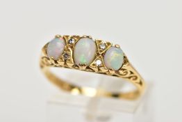 AN 18CT GOLD OPAL AND DIAMOND HALF HOOP RING, three oval cabochon opals graduating in size with