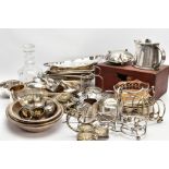 A BOX OF ASSORTED WHITE METAL WARE AND OTHER ITEMS, to include various EPNS and EP entree dishes,