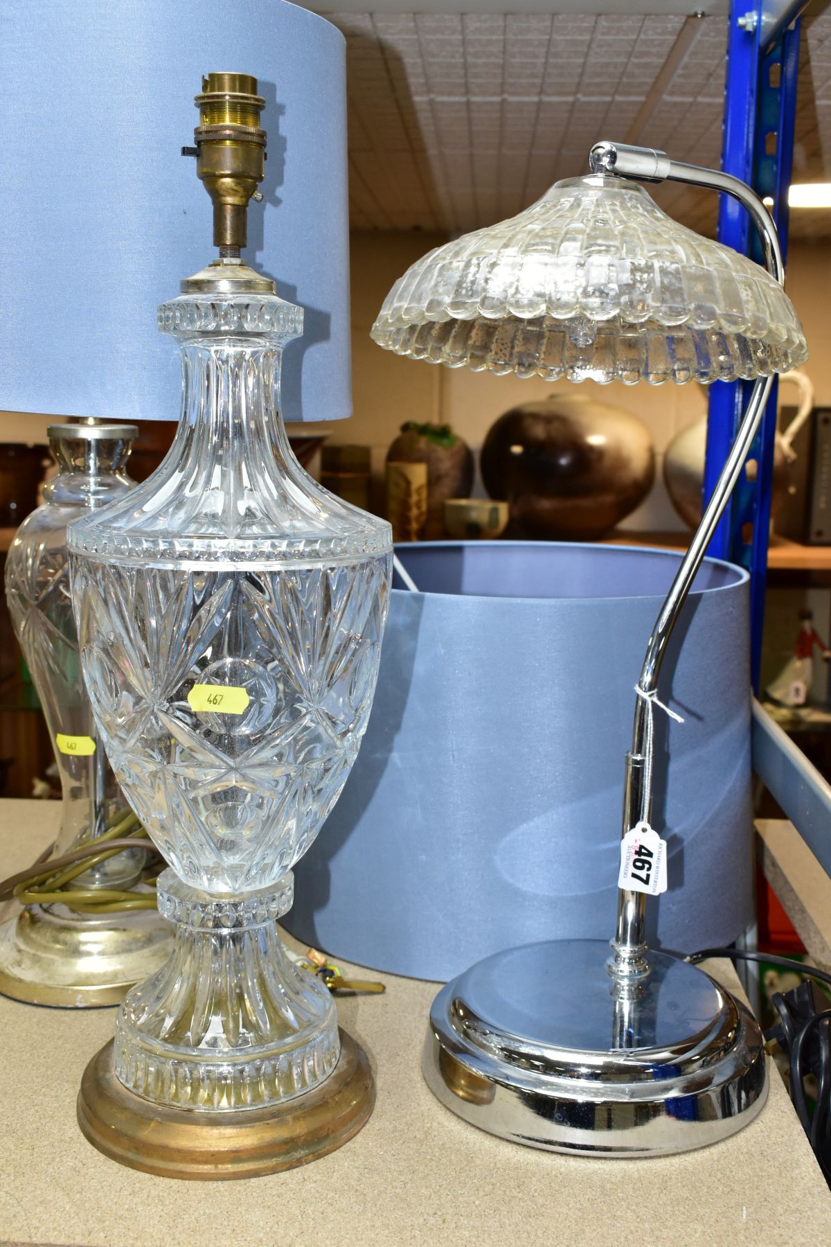 THREE ELECTRIC LAMPS, comprising a cut glass urn shaped table lamp with blue shade, height - Image 6 of 8
