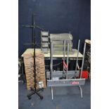 FOUR SHOP DISPLAYS comprising of two 80 hook tall stands (one boxed) 162cm high, an Oregon Chain