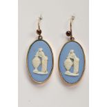 A PAIR OF 9CT GOLD WEDGWOOD EARRINGS, each of an oval drop form, collet mount, hallmarked 9ct gold