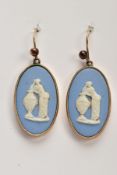 A PAIR OF 9CT GOLD WEDGWOOD EARRINGS, each of an oval drop form, collet mount, hallmarked 9ct gold