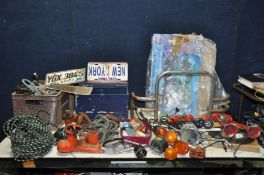 A COLLECTION OF VINTAGE CAR AND MOTORCYCLE PARTS including air horns, Indicator and taillights,