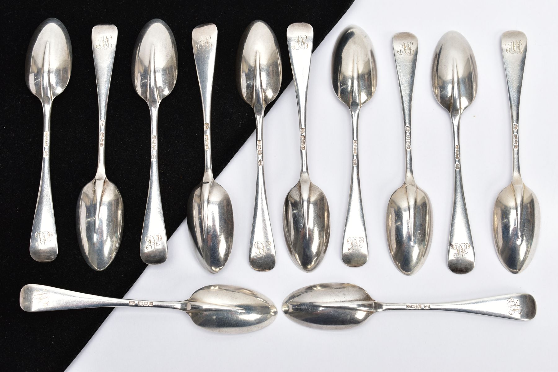 A SET OF TWELVE EARLY 20TH CENTURY SILVER TEASPOONS, rattail design, engraved initials to the - Image 2 of 3