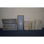 TEN VARIOUS DISTRESSED DECORATIVE PANELS, of various sizes, ages and designs, to include five