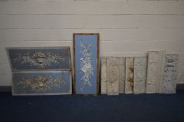 TEN VARIOUS DISTRESSED DECORATIVE PANELS, of various sizes, ages and designs, to include five