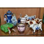 A GROUP OF CERAMICS AND GLASS, comprising Wedgwood dark blue jasperware covered jug, silver mount to