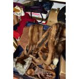 A BOXED C.A DUNN & CO BLACK SILK TOP HAT, SUITCASES AND BOXES OF CLOTHING AND FURS, ETC, including