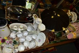 FOUR BOXES OF CERAMICS, GLASSWARE, SILVER AND METALWARE, including a small quantity of Susie