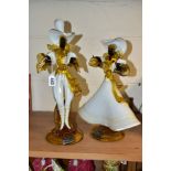 A PAIR OF VENETIAN GLASS COMPANY FIGURES OF A LADY AND GENTLEMAN, white, amber and black, both