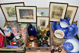 TWO BOXES AND LOOSE CERAMICS, PICTURES, GLASSWARE, etc, including a F. Winkle & Co Ltd blue transfer