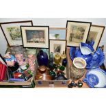 TWO BOXES AND LOOSE CERAMICS, PICTURES, GLASSWARE, etc, including a F. Winkle & Co Ltd blue transfer