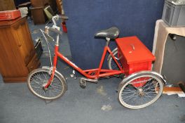 A PASHLEY POST OFFICE TRICYCLE with wooden back box, 3 speed twist grip gears, min seat height 30in
