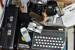 A BOX OF CAMERAS, TECHNOLOGY, etc, including a boxed Sinclair ZX Spectrum, a Crosley portable record