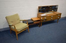 A TEAK EFFECT DRESSING TABLE, width 134cm x depth 43cm x height 106cm x without mirror 76cm with a