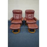 A PAIR OF EKORNES STRESSLESS BURGUNDY LEATHER RECLINING SWIVEL ARMCHAIRS and matching footstools (