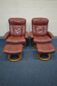 A PAIR OF EKORNES STRESSLESS BURGUNDY LEATHER RECLINING SWIVEL ARMCHAIRS and matching footstools (