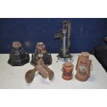 A SMALL CAST IRON WATER PUMP 41cm high, two cast iron rain hoppers, a Tilly lamp, a small paraffin