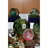 FOUR CAITHNESS GLASS PAPERWEIGHTS AND TWO OTHERS, comprising a Mdina sea urchin example, height
