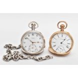 A SILVER OPEN FACE POCKET WATCH, ALBERT CHAIN AND A GOLD-PLATED OPEN FACE WALTHAM POCKET WATCH,