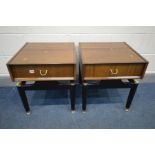 A PAIR OF G PLAN LIBRENZA AFROMOSIA TEAK BEDSIDE CABINETS with single drawers, width 48cm x depth