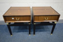 A PAIR OF G PLAN LIBRENZA AFROMOSIA TEAK BEDSIDE CABINETS with single drawers, width 48cm x depth