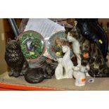 CAT THEMED SCULPTURES AND COLLECTORS PLATES, comprising a Mike Hinton pottery seated cat, height