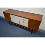 A STONEHILL FURNITURE AFROMESIA TEAK SIDEBOARD, a central Formica section, on cylindrical tapered