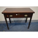A GEORGIAN MAHOGANY TEA TABLE, with a fold over top and on square legs, width 87cm x open depth 86cm
