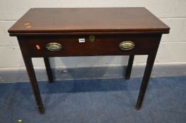 A GEORGIAN MAHOGANY TEA TABLE, with a fold over top and on square legs, width 87cm x open depth 86cm