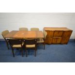 A 1940'S WALNUT DINING SUITE, comprising an draw leaf table, six chairs and a sideboard (8)