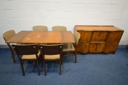 A 1940'S WALNUT DINING SUITE, comprising an draw leaf table, six chairs and a sideboard (8)