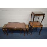A REPRODUCTION BURR WALNUT NEST OF THREE/COFFEE TABLE, along with a similar nest of three tables (