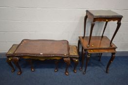 A REPRODUCTION BURR WALNUT NEST OF THREE/COFFEE TABLE, along with a similar nest of three tables (