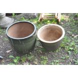 TWO GLAZED GARDEN PLANTERS both in green , one 41cm in diameter the other 38cm in diameter (2)