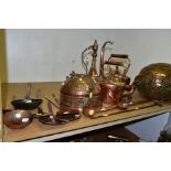 A QUANTITY OF 19TH AND 20TH CENTURY COPPER AND IRON ITEMS, including two Victorian copper kettles, a