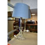 A PAIR OF LAURA ASHLEY CUT GLASS TABLE LAMPS, fitted with blue Laura Ashley lamp shades, height